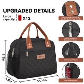 HOMESPON Insulated Lunch Bag for Women Men Adults Lunch Tote with Front Pocket Lunch Box Container Cooler Bag for Work Picnic (Black with Side Pockets)