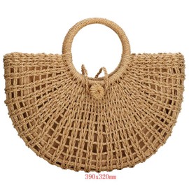 Straw Bags for Women,Hand-woven Straw Top-handle Bag with Round Ring Handle Summer Beach Rattan Tote Handbag (Khaki)