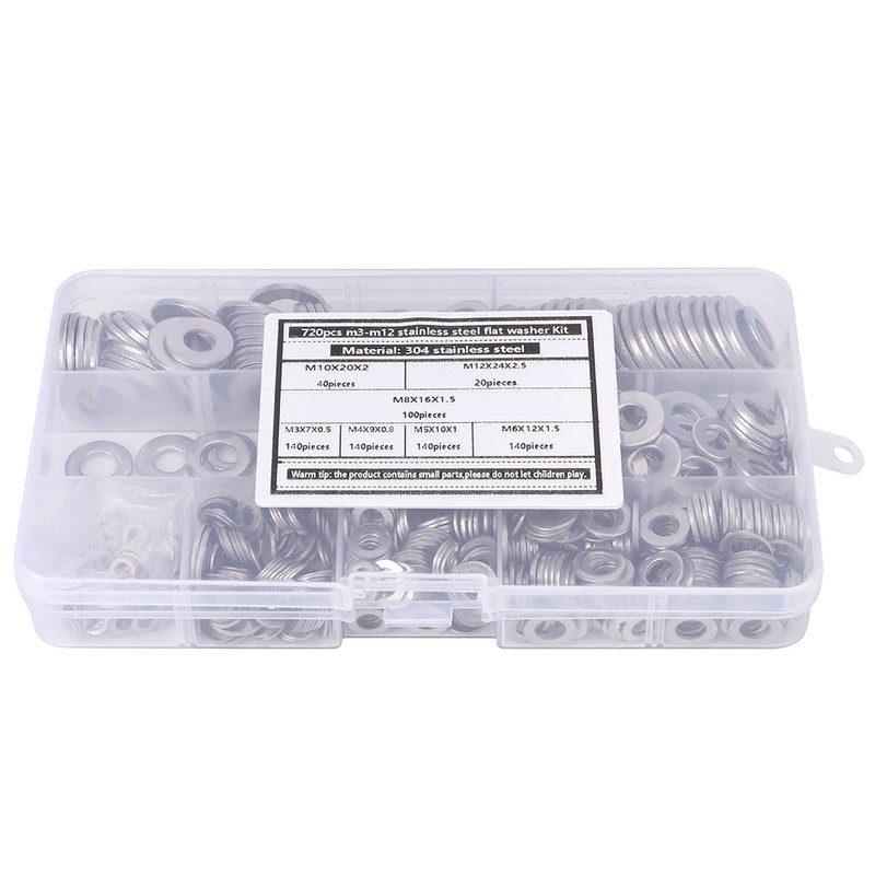 720Pcs Flat Washer Kit 304 Stainless Steel Silver Spring Gasket