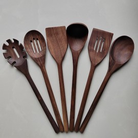 Fiunkes Black Walnut Kitchen Utensils Set 6 Pcs, Dark Wooden Cooking Utensils 14" Long Handle Natural Walnut Wood Flat Spatula, Slotted Turner, Soup Ladle, Skimmer, Pasta Server, Spoons for Cooking