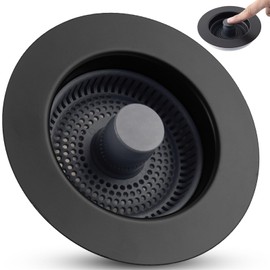Universal 3 in 1 Kitchen Sink Drain Strainer Stopper Combo, Black Stainless Steel Shell Pop Up Sink Stopper for US Standard 3-1/2 inch Drain Filter, Anti-Clog and Easy Clean, Matte Black
