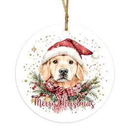 Golden Retriever Christmas Ornaments,Funny Cute Round Ceramic Christmas Decor,Gifts for Golden Retriever Lovers,Xmas Tree Decorative Hanging Ornament for Bedroom Living Room,2.87x2.87Inch