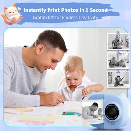 Portable Instant Camera for Kids Print Photos Travel Digital 1080P Video Camera for Toddlers 3 4 5 6 7 8 Year Old Boy Holiday Christmas Birthday Gifts (Blue)