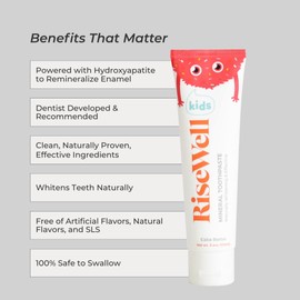 RiseWell Kids Mineral Toothpaste - Kids Hydroxyapatite Toothpaste - Made by Dentists, Safe to Swallow, No Added Fluoride and All Natural - Cake Batter Flavor, 3.4 Oz