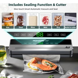 MDHAND Food Saver Vacuum Sealer Machine, 6 IN 1 Vacuum Sealer For Food with 30pcs Bags & Built-in Cutter & Accessory Hose (Grey)