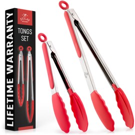 Zulay Stainless Steel Kitchen Tongs with Silicone Tips - Set of 2 (9” & 12”) Locking Cooking Tongs with Non-Slip Grip - Heat Resistant, BBQ Food Tongs for Non-Stick Cooking Pans (Silver/Soft Red)