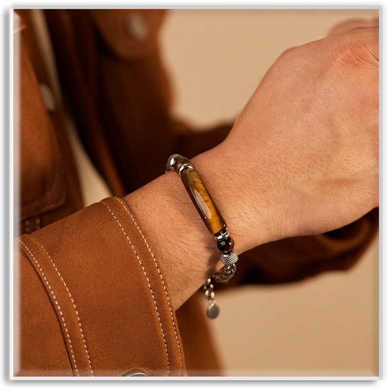 Xusamss Tiger Eye Stone Bar Link Bracelet for Men(Brown)