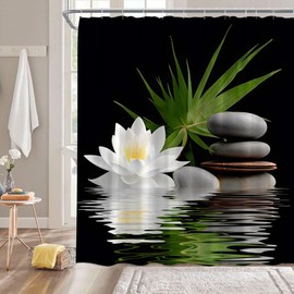 ZNLSU Spa Lotus Shower Curtain White Lotus Flower Black Stones Water Lily Floral Green Plam Leaves Japanese Style Relax Nature Bathroom Decor Fabric Bathroom Sets with Hooks