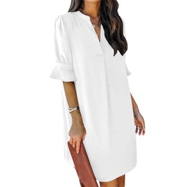 JOCAFIYE Women's V-Neck Ruffle Shirt Dress Plain Casual Summer Short Plain Dress S-XXL, 12 white