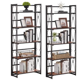 VECELO 2 Set Folding Bookshelf 5-Tier,Industrial Metal Frame & Wood Shelves,Foldable Bookcase No Assembly Free Standing Storage Organizer for Living Room,Office,Bedroom