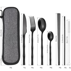AARAINBOW 7 Pieces Stainless Steel Flatware Set Portable Reusable Cutlery Set Travel Utensils Set with Chopsticks Knife Fork Spoon Set with Straw Personal Utensil Set (C Black)