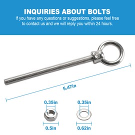 seork 3/8" x 4" Stainless Steel Machinery Eye Bolts with Nuts (5 Pcs) Threaded Eyebolts Stainless Steel Eye Bolt Shoulder Eye Bolts