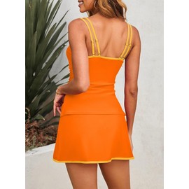 Dokotoo Tankini Swimsuits for Women 2025 Two Piece Tummy Control Color Block Pocket Ruched Bathing Suits with Skirt Orange Large