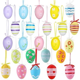 Meriviva 24 Pcs Hanging Easter Egg Decorations, Colorful Plastic Hand Painted Easter Eggs Hanging Ornaments with Ribbons for Tree Home Party Decor