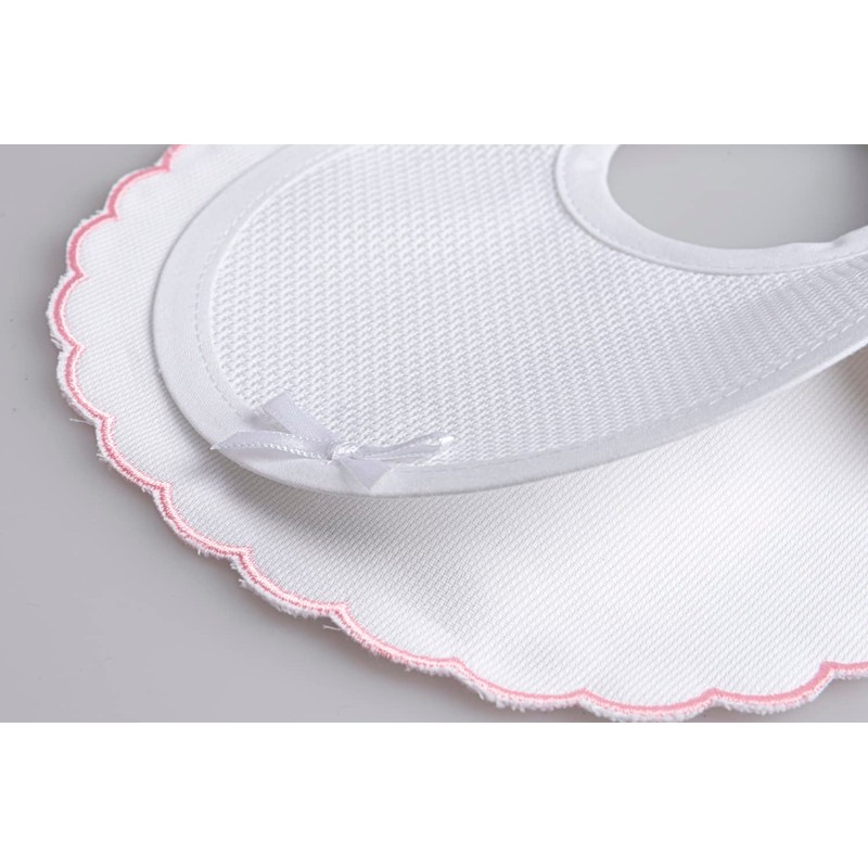 FILET - Elegant White Cotton Pique Bib, Pink Smarmelled Edge,