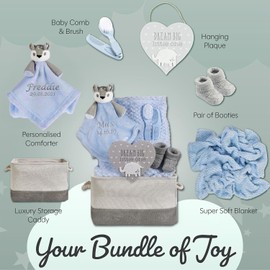 Hoolaroo Baby Gift Basket for Boys Blue Baby Hamper Newborn Deer Comforter Blanket Nappy Caddy Gift Set