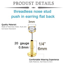 QWALIT Gold Nose Stud Threadless Nose Stud 20 Gauge Threadless Nose Ring Flat Back Nose Studs Push in Helix Cartilage Earring Stud Flat Back Nose Rings with Backs Labret Nose Stud