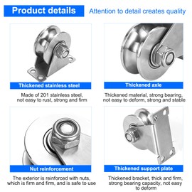 Pack of 2 U-Wheels Pulleys with Ball Bearings, Pulleys Steel Ropes for Sliding Gates Ropes, 48 mm 304 Stainless Steel Lifting Crane Pulleys, Screws Load Capacity 180 kg, for Bearings, Roller Door