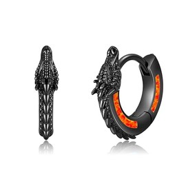 16mm Dragon Hoop Earrings Sterling Silver Black Red Opal Dragon Huggie Hoop Earrings Viking Punk Rock Jewelry Gift for Men