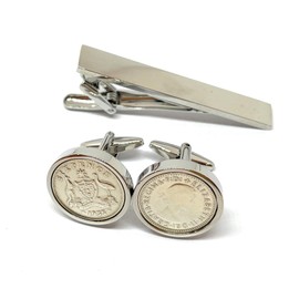 Premium 1955 Lucky Australian sixpence cufflinks for a 70th Birthday cufflinks HT Tie Clip Set