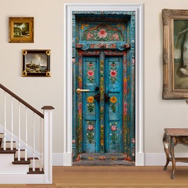 3D Door Stickers, Peel and Stick Vinyl Wallpaper ，Self-Adhesive Mural for Home Decor 30.3" W x 78.7" H (Floral Blue Door, 30.3" W x 78.7" H)