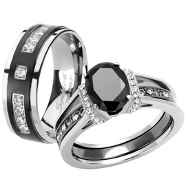 Marimor Jewelry Her and His Black Cubic Zirconia Stainless Steel Wedding Engagement Ring and Titanium Band Set Women's Size 10 Men's Size 11