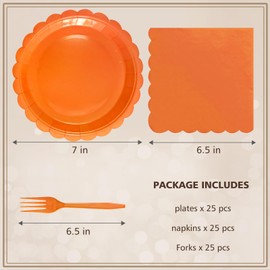 WYQJHKV Orange Paper Plates and Napkins,7 Inch Orange Scalloped Disposable Dessert Plates Paper Napkin Fork Party Supplies for Wedding Baby Shower Birthday(25 Guest)