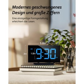 Digital Alarm Clock for Bedroom with Modern Curved Design, Eye-catching Blue LED Numbers, 6 Brightness Levels, 2 Volume Levels, 3 Alarm Tones, Snooze, Shut-Off Memory, 12/24H, Bedside Clock