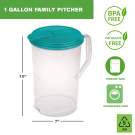 Tribello Jarra con tapa de 1 galón, jarra de agua de plástico redondo transparente con tapas abatibles, ideal para limonada, té helado y bebidas, apto para congelador/lavaplatos y última intervensión de BPA/ftalatos, fabricado en Estados Unidos