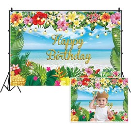 Yeele 7x5ft Happy Birthday Backdrop Tropical Beach Flowers Palm Leaves Pineapple Lights Photography Background for Adults Kids Hawaiian Party Summer Birthday Party Banner Supplies Photo BoothProps