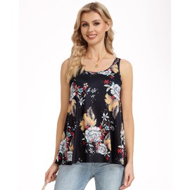 Accbiety Tank Top for Women with Built Bra Flowy Loose Fit Tanks Pleated Cami Black Flower S