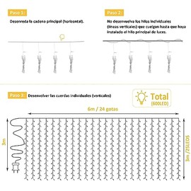 DAHAN Cortina de Luces Cadena de Luces Impermeable, 8 Modos de Luces, Decoración de Iluminación para Dormitorio (Blanco Cálido, 6M*3M)