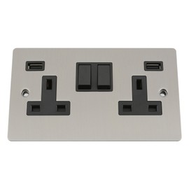 USB Socket 2 Gang - Satin Matt Chrome - Flat (brushed steel) Black Plastic