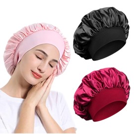 3 Pack Satin Bonnet, Night Sleep Caps with Wide Elastic Band, Silk Wrap, Soft Head Cover Sleeping Hat for Women and Girls Curly Hair (Pink,Black,Red)
