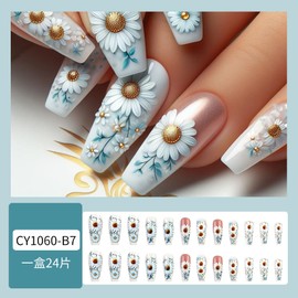 Long Coffin Press on Nails Spring Fake Nails with Design White Flower Glue on Nails Leaf Stick on Nails Glossy Reusable Spring Nails Press ons for Women Girls Manicure 24pcs