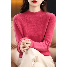 RUCPUW 100% Merino Wool Sweaters Women's Fall Winter Warm Soft Knitted Loose Pullover Turtleneck Long Sleeves(003,Rose Red,XS)