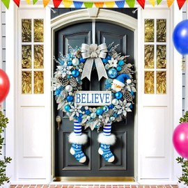 BlissYard Christmas Door Cover Wreath Decoration Blue Silver Snowflakes Believe Sign Striped Stockings 35x71 Inches Front Door Wreath Xmas Hanging Decor for Home Holiday Christmas Decoration