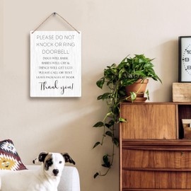 FUGWN Please Do Not Knock or Ring Doorbell Hanging Wooden Signs 8x10, Do Not Knock or Ring Doorbell Sign, Do Not Knock Sign for Front Door, Don’t Ring Doorbell Sign, No Knocking Door Sign