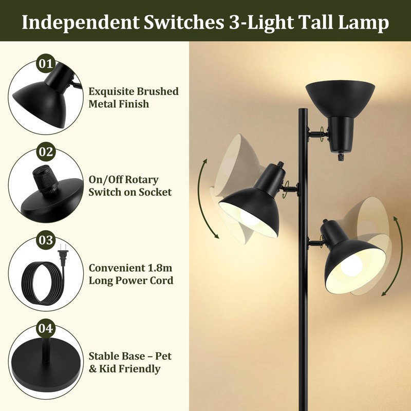 3 Light Floor Lamps for Living Room, 67" Tall Metal