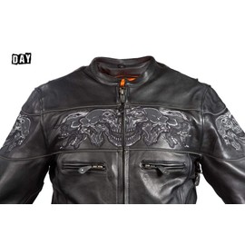 Bikers Place Mens Motorcycle High Visibility Savage Reflective Skull Gun Pocket Leather Jacket (XL)