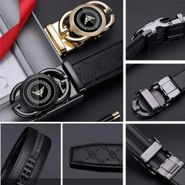 VANNANBA Cinturones de cuero con trinquete para hombre, hebilla automática, cinturones de vestir con caja de regalo, Negro 02, 28''-34'' Waist Adjustable