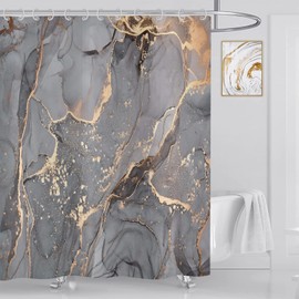 Asdcxz Grey Gold Marble Shower Curtain, 180 x 200 cm, Modern Abstract Grey Gold Black Marble Look, Texture, Washable Bathroom Shower Curtains for Bathtub, Polyester Textile, Waterproof, with 12 Hooks