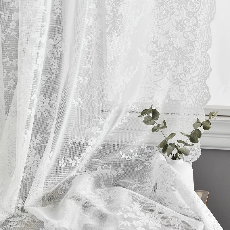 Kotile White Lace Cafe Curtains 45 Inch Length for Kitchen