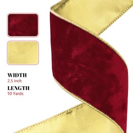 LEEQE Metallic 2-1/2 Inch Red Velvet Christmas Ribbon with Gold Base Crushed Velvet Wired Ribbon for Gift Wrapping Tree Wreaths Holiday Decorations Creative Crafting 10 Yards