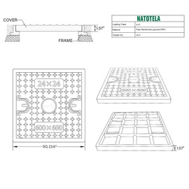 Natotela 23.6x23.6in Fiberglass Replacement Manhole Cover-Only Lid,Corrosion Resistance Square FRP Sewer Cover with Handles for Yard,Pavement,Heavy Duty Septic Tank Lid,Non-slip Sewage Basin Covers