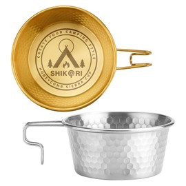 Camping Sierra Cup Set fo 2, 304 Stainless Steel Stackable Portable 450ML Sierra Bowl Cup for Camping and Hiking With Free Travel Bag (Gold & Silver)