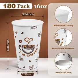 Ginkgo 180 Count 16 oz Disposable Coffee Cups | Thickened Leak-Proof Paper Cups | Perfect for Hot Beverages, Coffee Bars, Parties, Cafes, Office and Daily Use