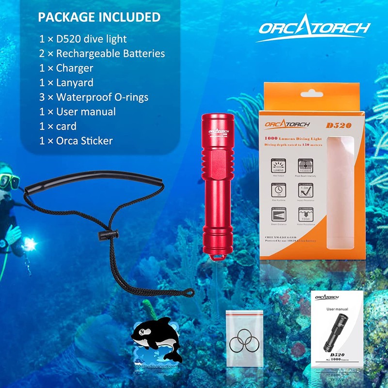 ORCATORCH D520 Scuba Dive Light 1000 Lumens Compact Diving Flashlight