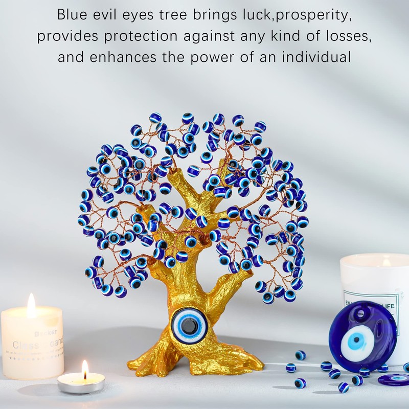 8'' Turkish Blue Evil Eye Tree Golden Feng Shui Decor