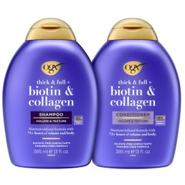 OGX Thick & Full + Biotin and Collagen for Hair Volume & Body, Sulfate Free Volumizing Shampoo & Conditioner Set for Fine & Thinning Hair, Nutrient-Infused, Vitamin B7, 13 fl oz, 2 Pack